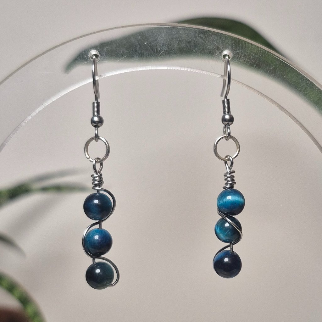 Aaa Blue Tiger's Eye Earrings Wire-Wrapped